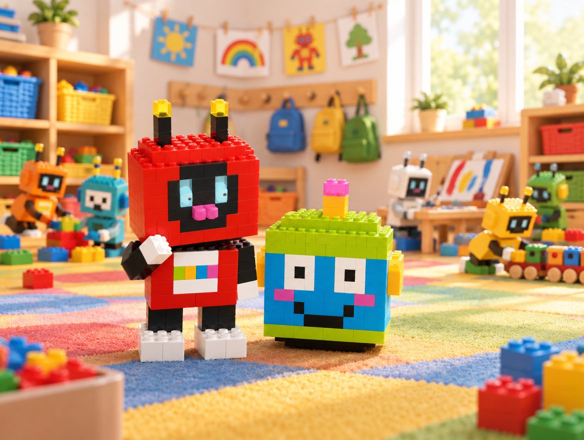 A big busy classroom full of small toy robots. Voxel stands very close to Brixel, looking around with wide eyes.