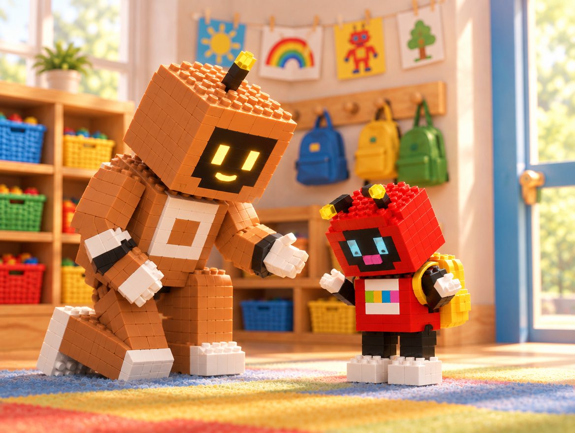 At the classroom door Big Bot bends down to ask Voxel a question. Voxel, wearing his backpack, looks at the floor and shrugs.