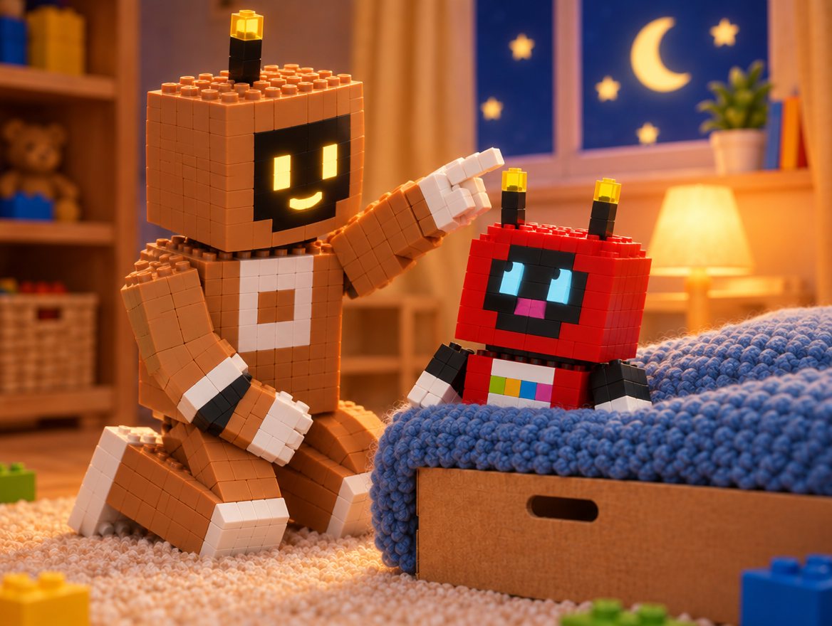 Bedtime. Big Bot points up at the two antennae on Voxel's head, and Voxel rolls his eyes up to look at them.