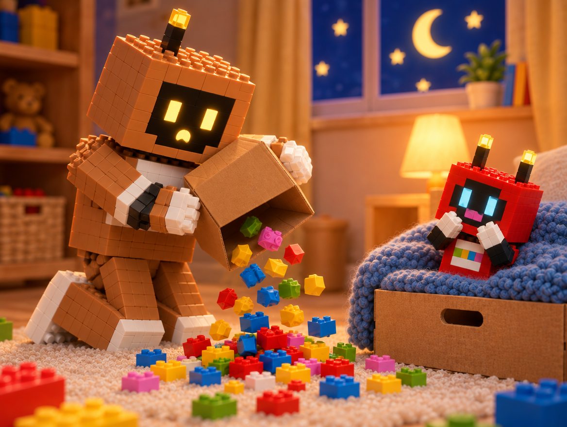 Big Bot acts out dropping a box of bricks, which tumble everywhere. Voxel sits up in bed, giggling.