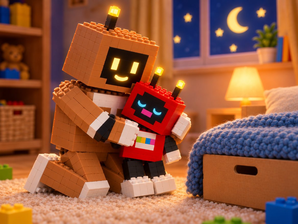 Big Bot kneels on the rug and hugs Voxel. Voxel's eyes are closed and his antenna tips glow softly.