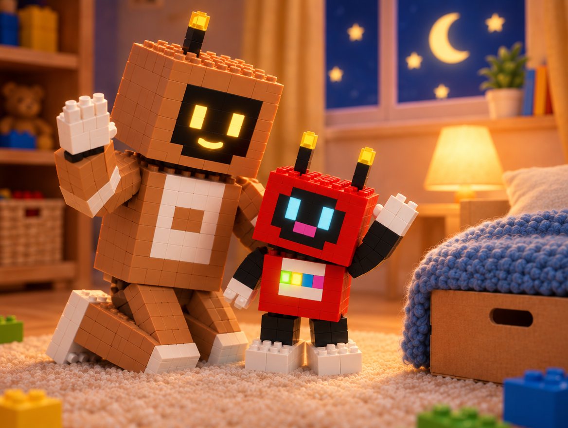 Voxel practises a big friendly wave. The green and yellow buttons on his tummy glow, and Big Bot waves back.