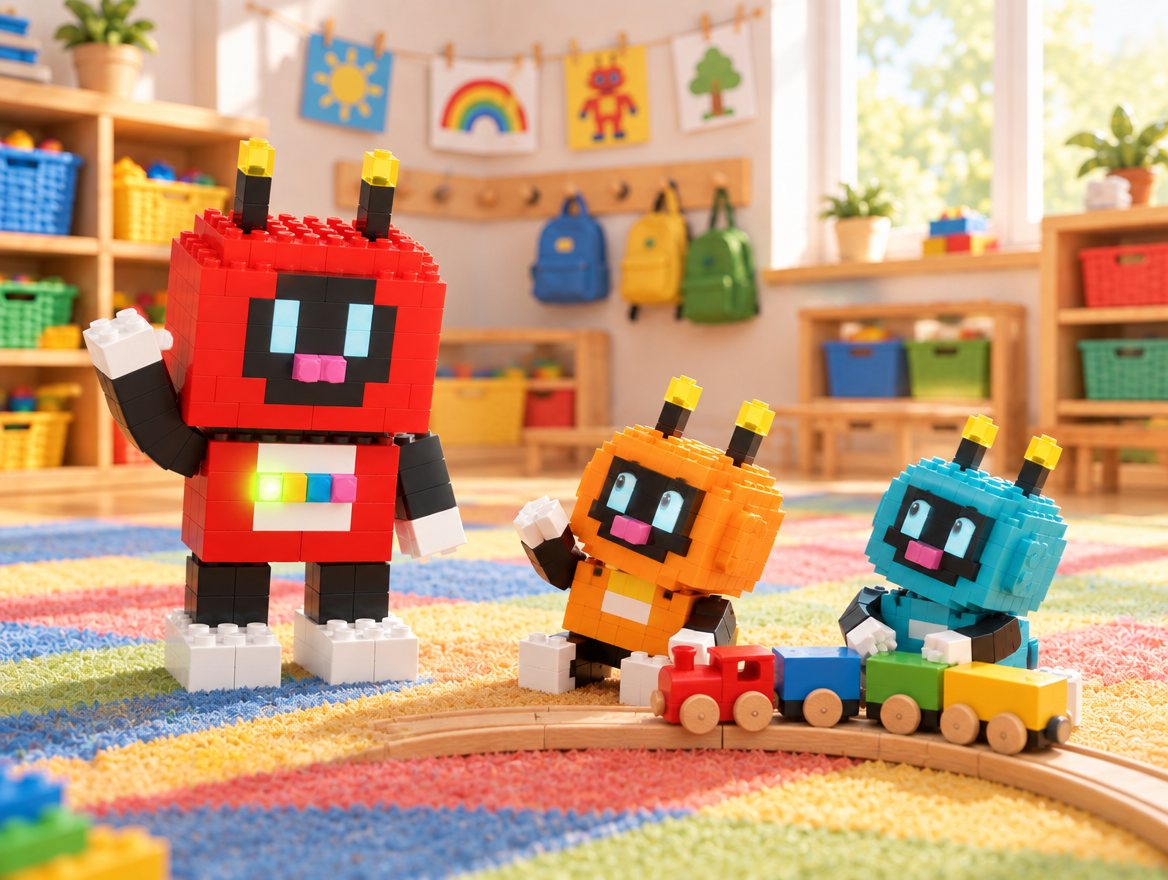 Two small robots push a wooden train. Voxel waves hello with his green button glowing, and one of them holds up a hand to say not now.