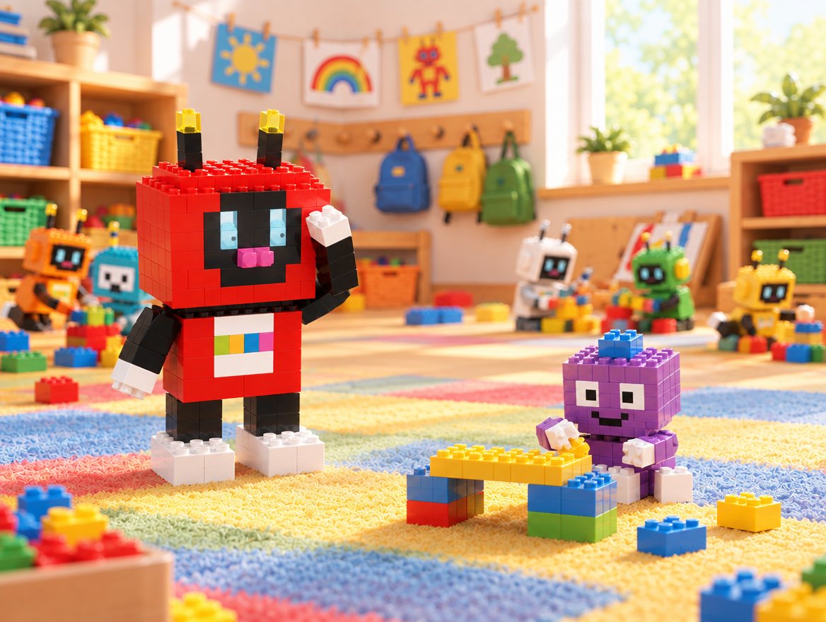 Voxel shades his eyes and looks around the classroom. Across the mat a small purple robot builds a bridge alone.