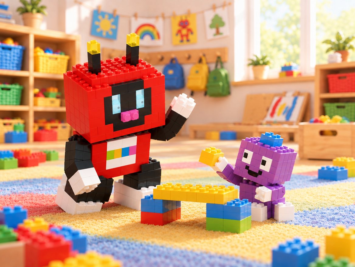Voxel crouches beside Tock and waves hello. Tock looks up, delighted, and holds out a brick for him.