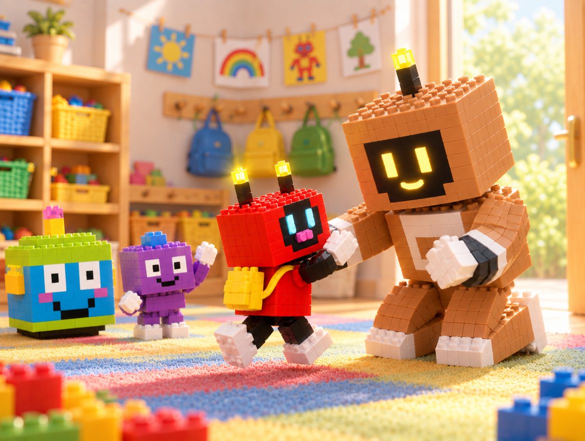 At the classroom door Voxel runs to Big Bot with both antenna tips glowing. Tock and Brixel wave goodbye behind him.
