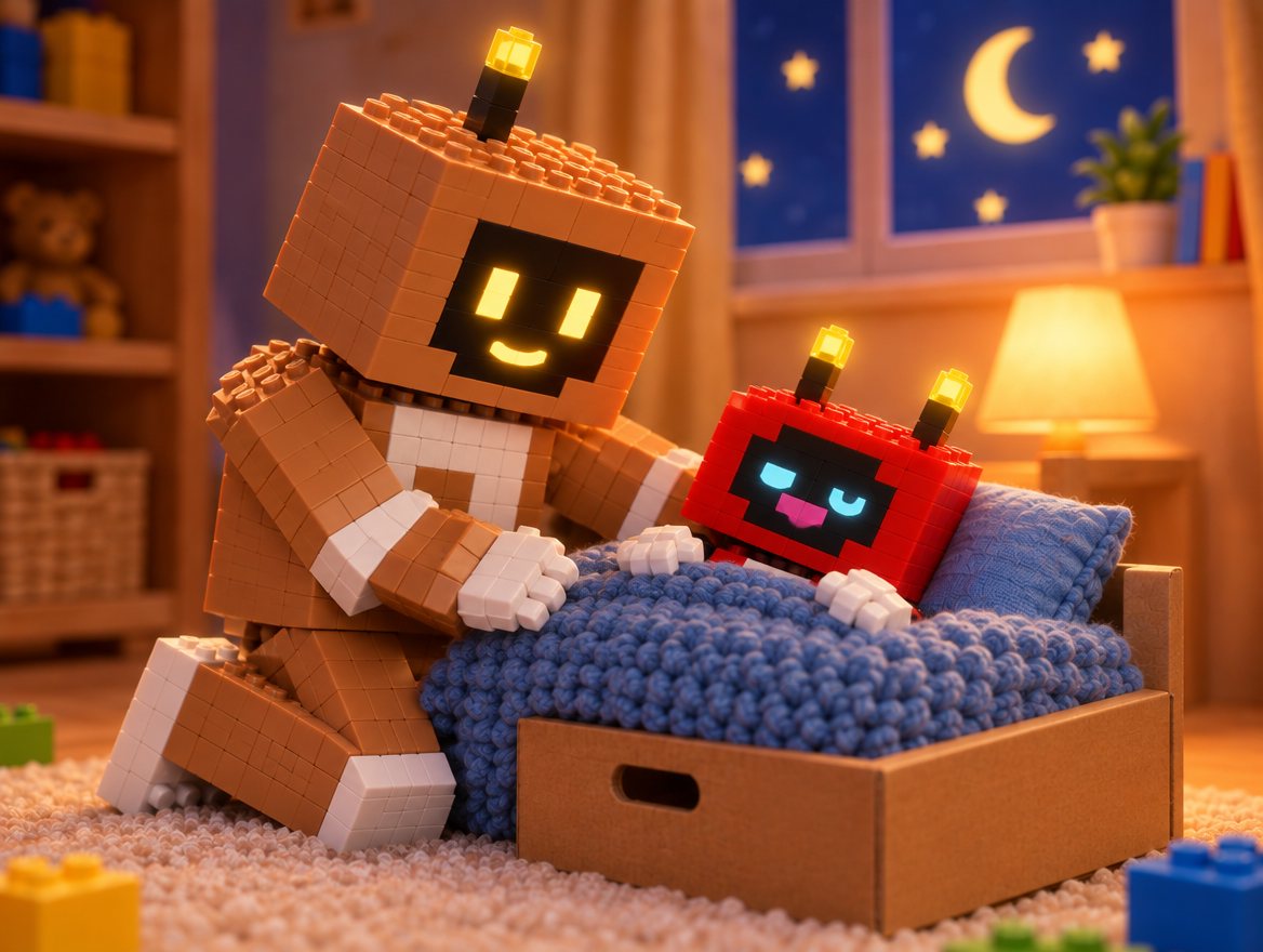 Voxel is tucked up in bed, still talking, with his antenna tips glowing like night lights. Big Bot sits beside him, listening.