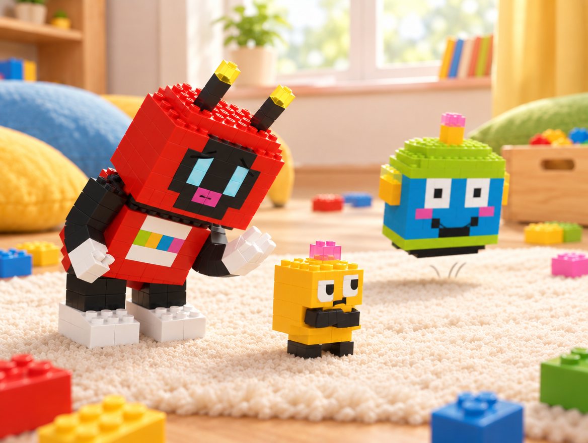 Voxel bends down to ask Dot something. Dot folds both arms and looks away.