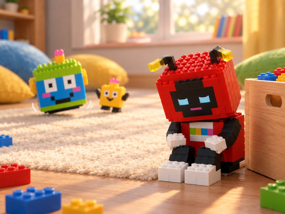 Voxel sits alone beside the toy box with his head down and his antennae drooping. Far behind him, Brixel and Dot are still playing.