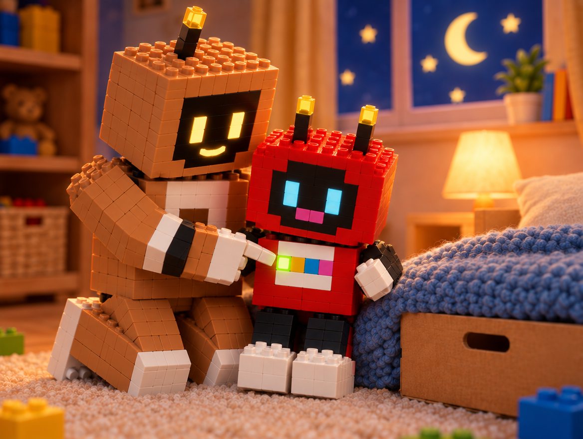 Big Bot points at the green button on Voxel's tummy. It glows.