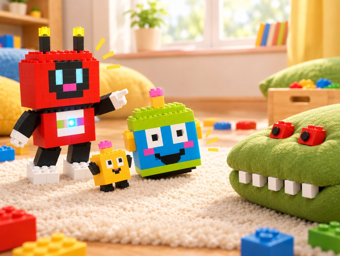 Voxel points at a big green cushion with two red bricks for eyes and white bricks for teeth. It is a pretend dragon.