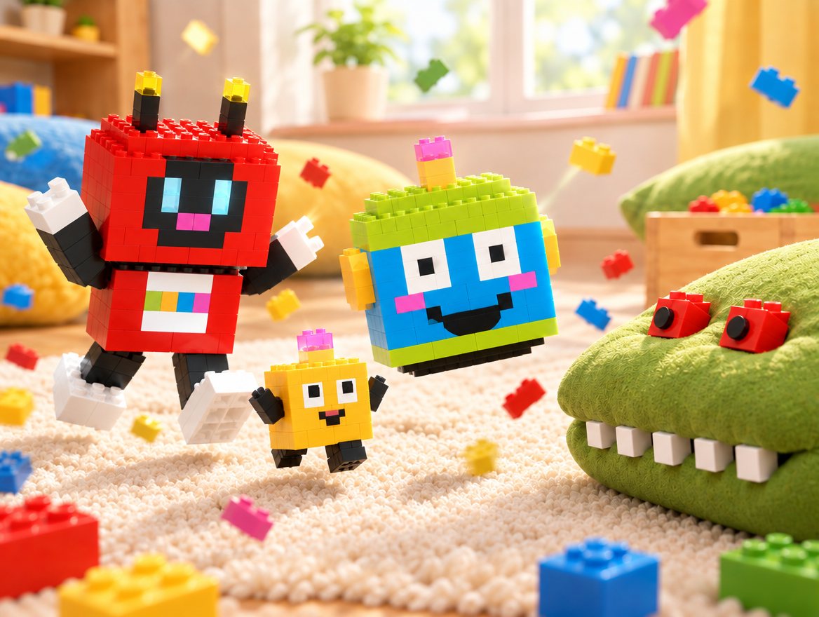 Voxel, Brixel and Dot rush at the cushion dragon together, laughing, with bricks flying everywhere.