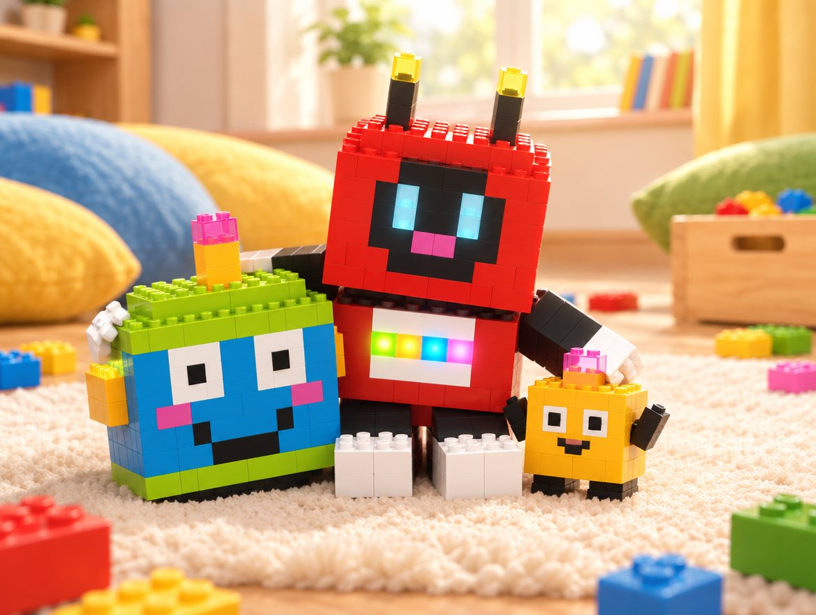 Voxel sits in the middle with an arm around Brixel and a hand on Dot. All three are smiling.
