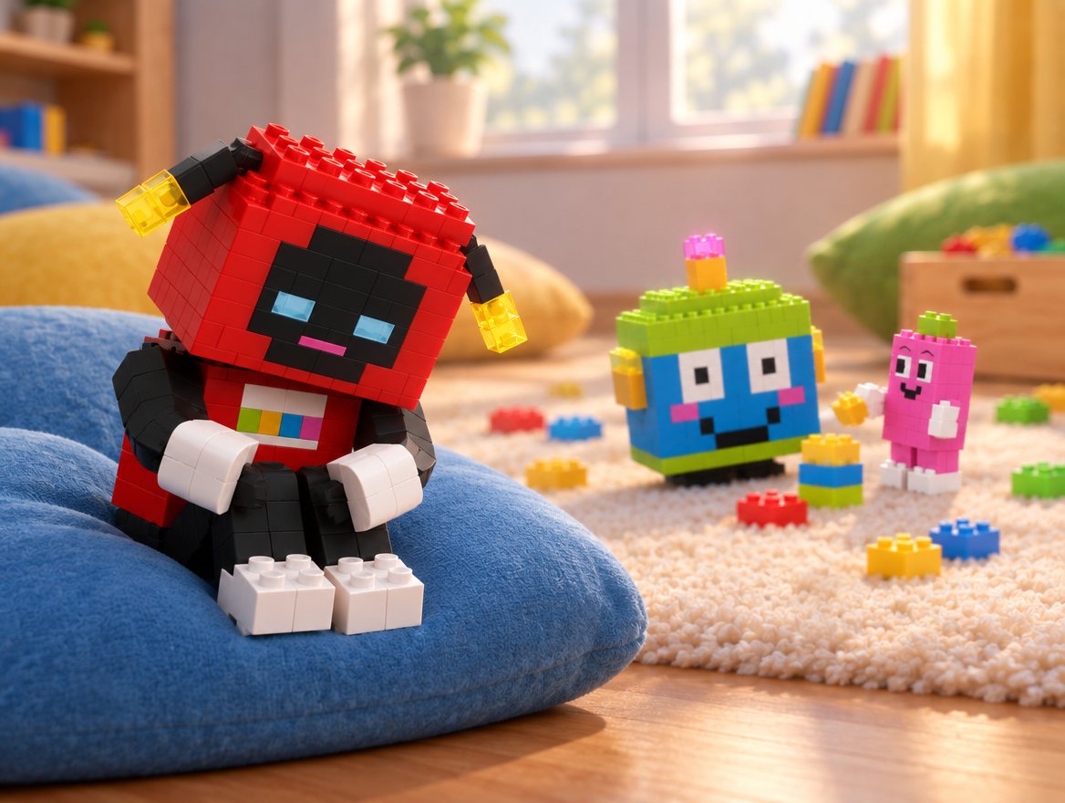 Voxel sits alone on a cushion, hugging his knees, with his antennae drooping. Far behind him Brixel and Pip play together.