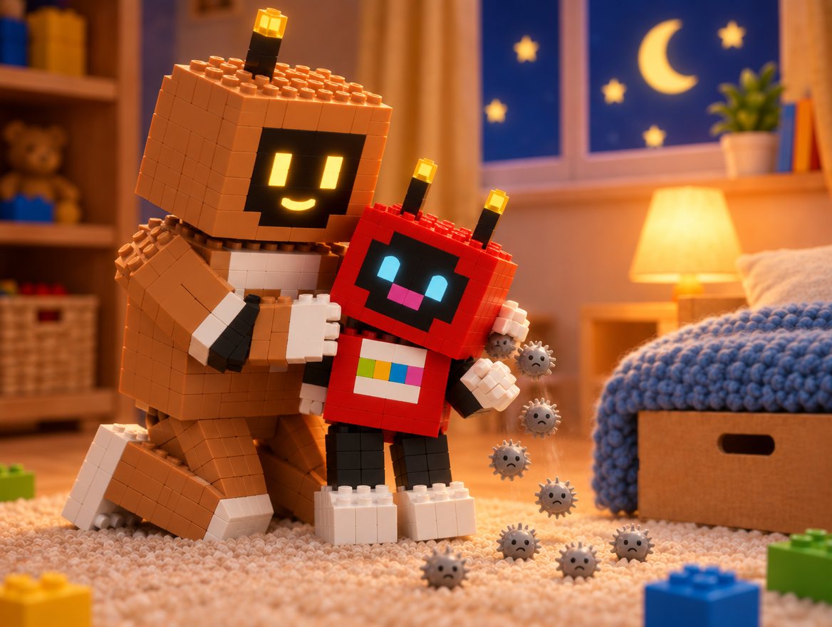 Voxel and Big Bot brush grey prickles off Voxel's shoulders. The prickles fall to the rug.