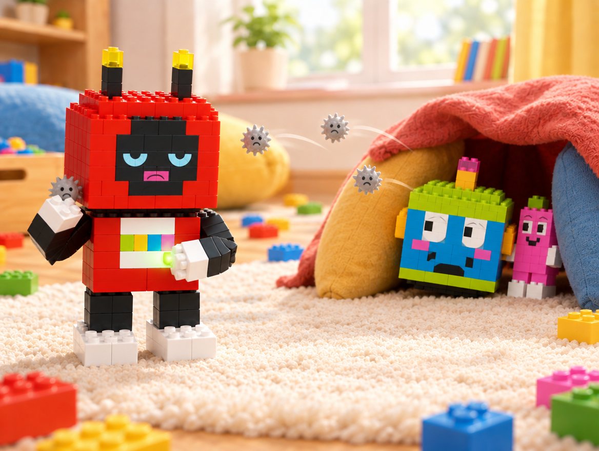 Brixel and Pip build a den from cushions and a red blanket. In front, Voxel breathes slowly with his eyes closed and a hand on his green button.