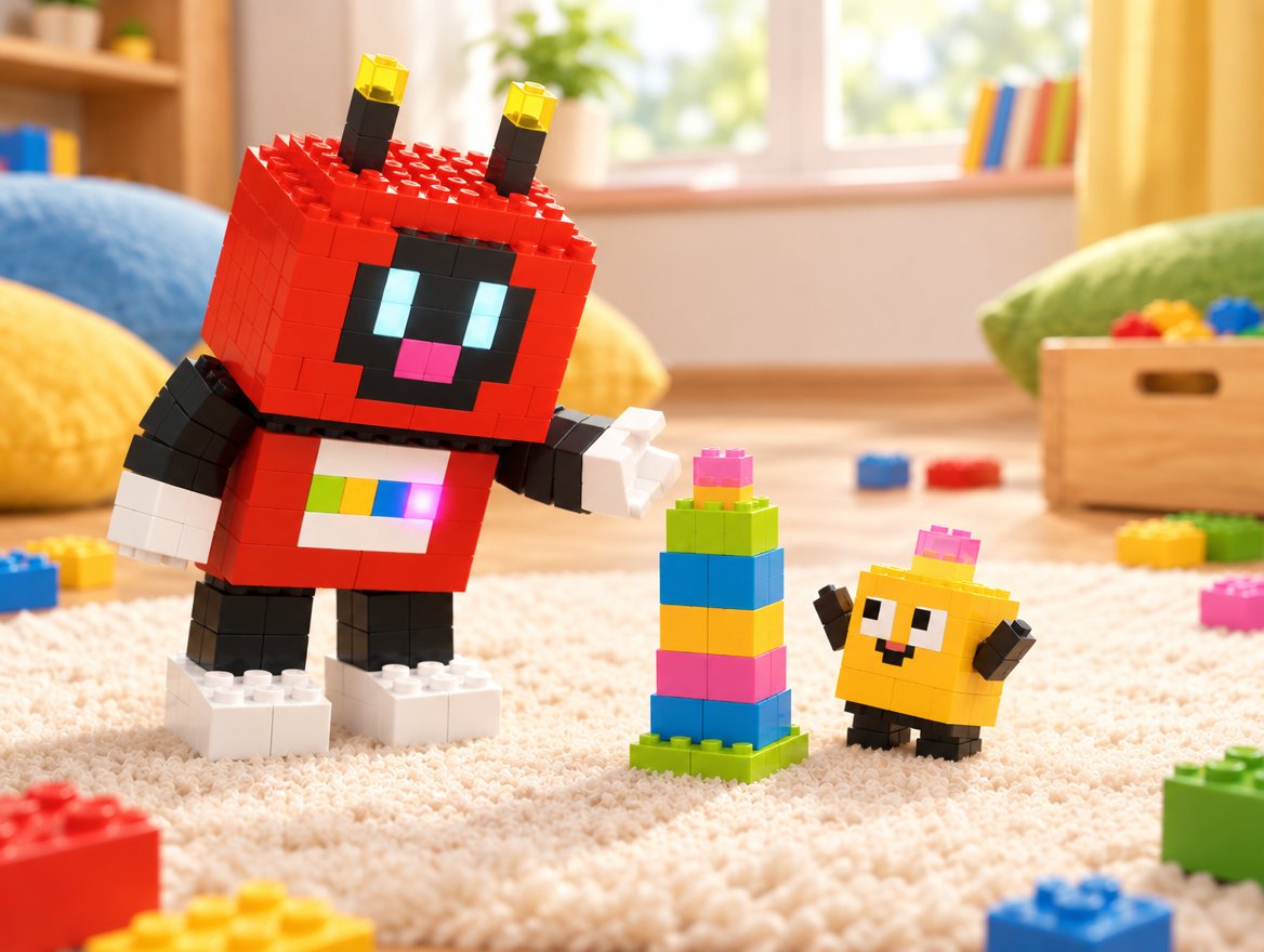 Voxel bends down to Dot, who is building a tower of bricks. Dot throws both arms up, delighted.
