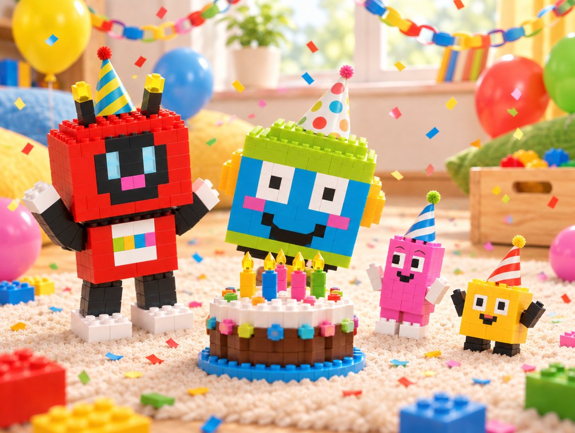 A party with balloons and a cake made of bricks. Brixel, Voxel, Dot and Pip all wear paper hats and cheer.