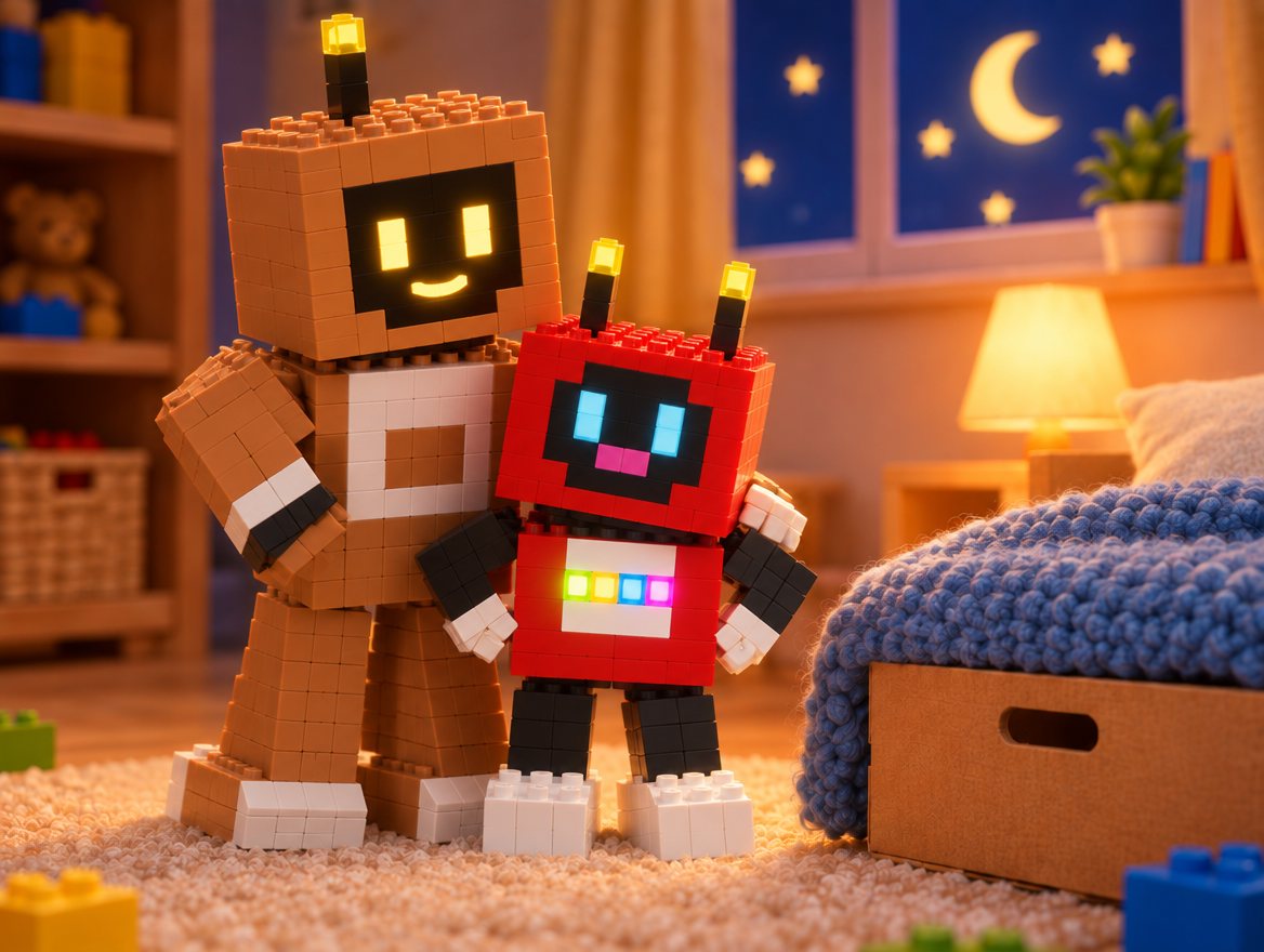 Voxel stands tall with all four buttons on his tummy glowing. Big Bot stands behind him.